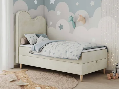 Boxspringbett FLOW - Einzelbett für Kinder, 90x180cm, Beige - Komfortables Jugendbett mit 7-Zonen-Taschenfederkernmatratze und Bettkasten. Ideal für erholsamen Schlaf und praktischen Stauraum. Hochwertige Materialien sorgen für Langlebigkeit.