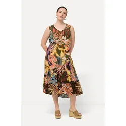 Ulla Popken Maxikleid mit Blätterdruck - Gemusterte Kleider, ärmelloses A-Line Maxikleid aus weicher Viskose, mit elegantem Volantsaum und V-Ausschnitt für einen femininen Look.