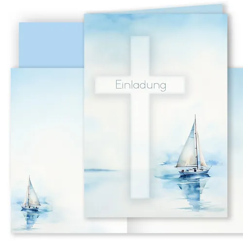 Einladungskarten Firmung Set Segelboot blau mit Umschlag Einladung Junge 10