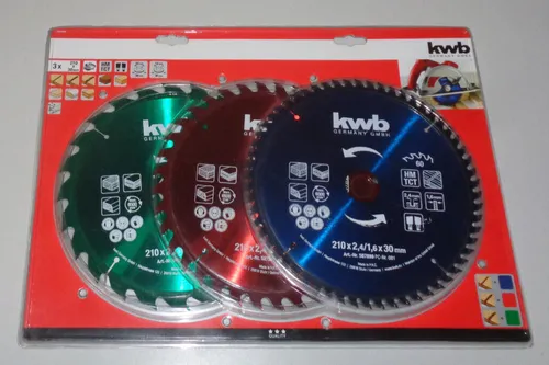 KWB Kreissägeblatt-Set Ø 210 x 30 mm 3 tlg. - Diamantsägeblätter für präzise Schnitte in Hart- und Weichholz. Mit farbcodierten Blättern für einfache Auswahl und langlebigen Wechselzähnen aus Spezial-Hartmetall.