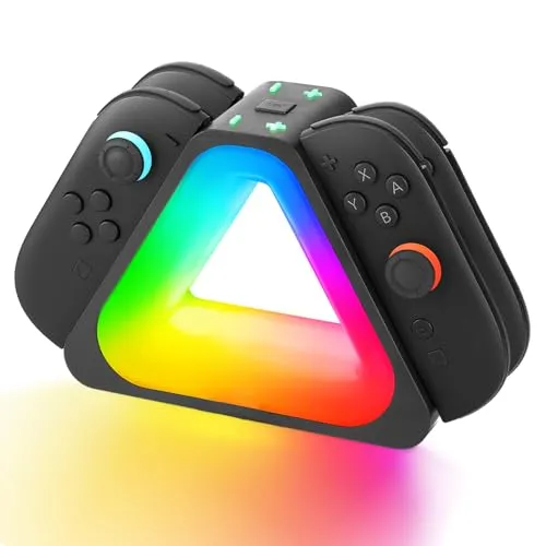 Ladestation für Switch 2 (2025), mit 7 Farben RGB Lichter, 4 in 1 Switch2 Joy Cons Controllers Schnellladestation mit Typ-C Kabel