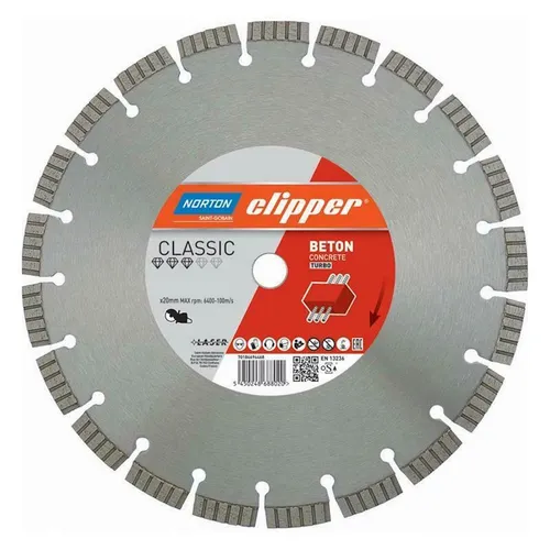 Norton Clipper Diamanttrennscheibe Classic Beton Turbo - 230x22,2 mm - Diamantsägeblätter für Beton und Zement, mit Turbo-Schnitttechnik für schnelle und präzise Schnitte.