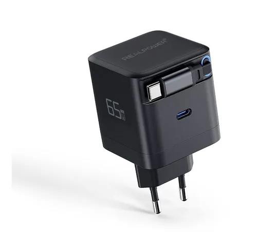 RealPower GaN Charger 65W schwarz – Schnelles Laden mit 2x Type-C - Hochleistungs-Netzteil mit 65 Watt, ideal für schnelles Laden von Geräten. Kompakt und leistungsstark, perfekt für unterwegs.