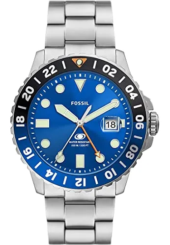 Fossil Blue uhr für Herren, GMT Uhrwerk mit Edelstahl- oder Lederarmband, Silberfarben, 46MM