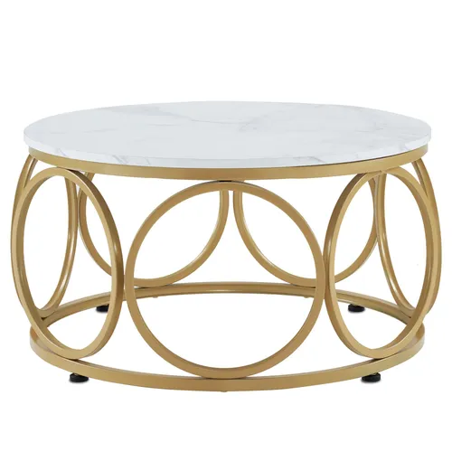MCombo Beistelltisch M Couchtisch Rund Holz 2102 - Ablagetisch mit elegantem Marmor-Gold-Finish, Durchmesser 80 cm, ideal für stilvolle Wohnräume und als Kaffeetisch.