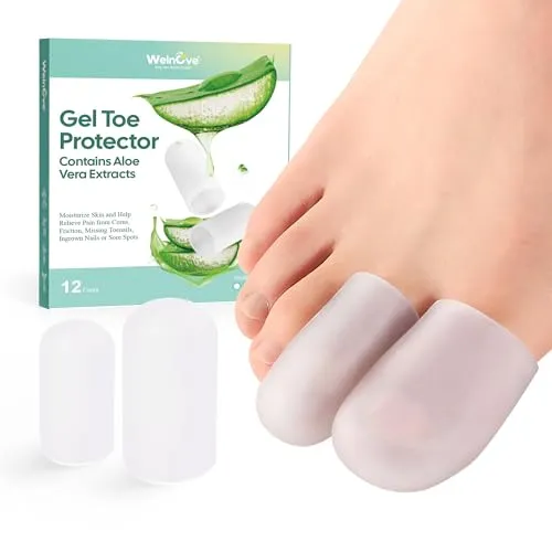 Welnove Gel-Zehenkappe und Zehenschutz - 12er-Pack mit Aloe Vera - 12 hochwertige Silikon-Zehenabdeckungen für den täglichen Gebrauch. Schützen Sie Ihre Zehen vor Reibung und Druckstellen, ideal für ein angenehmes Tragegefühl in jedem Schuh.