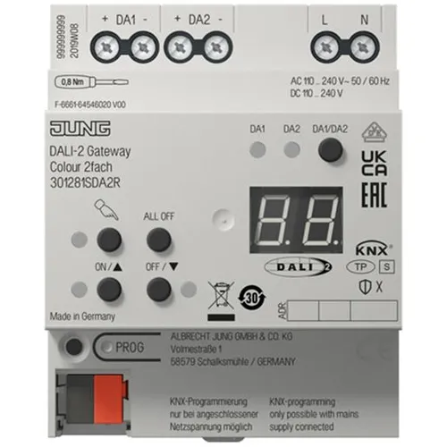 Jung KNX DALI-2 Gateway 2F - JUNG 301281SDA2R - BUSSYSTEM KNX, DALI-2 zertifiziertes Gateway für die Steuerung von Leuchten und Anwendungen, ideal für effiziente KNX-Installationen auf Hutschiene.