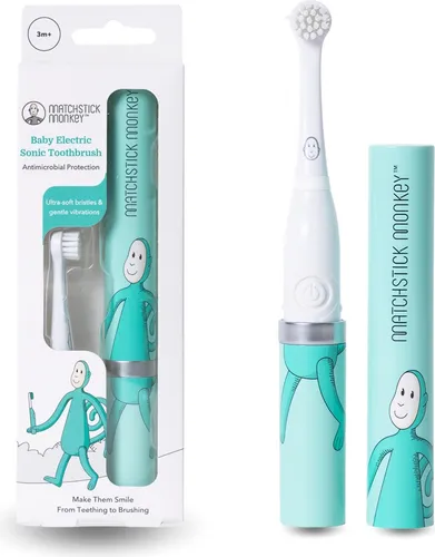 Matchstick Monkey Baby Elektrische Schallzahnbürste - Affe grün - Elektrische Zahnbürste für Babys von 3-36 Monaten mit ultraweichen Borsten und sanften Vibrationen für sanfte Zahnpflege, inkl. schützendem Bürstenkopfdeckel.