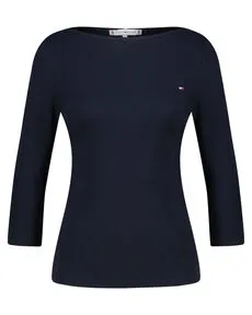 Tommy Hilfiger Damen Langarmshirt New Cody Slim U-Boot-Ausschnitt, Blau - Tops für Damen aus reiner Baumwolle, mit Tommy-Tape am Nacken und aufgestickter Tommy Hilfiger Flag auf der Brust für einen stylishen Look.