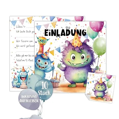 TOBJA Monster Einladung Kindergeburtstag Junge & Mädchen | XXL Monster Einladungskarten Geburtstag 15 x 15 cm | 10er Set mit Stickern | Geburtstagseinladungen (Monster)