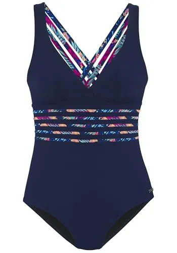 Badeanzug LASCANA "Exotic", Damen, Gr. 46, Cup D - Bademode mit modisch überkreuzten Trägern, aus recyceltem Polyamid für umweltbewusste Fashionistas, Farbe: navy.