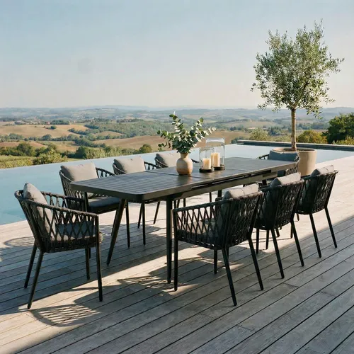 IDIMEX Gartenmöbel Set Sunny mit ausziehbarem Esstisch und 8 Stühlen - Esssets für die Terrasse mit ausziehbarem Tisch (180-240 cm) und eleganter Rope-Bespannung, ideal für gesellige Runden im Freien.