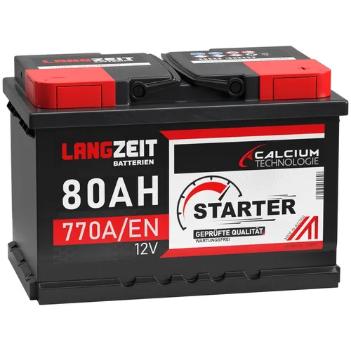 Autobatterie 80Ah 12V Starterbatterie für PKW - Wartungsfreie Blei-Säure Starterbatterie mit 80Ah Kapazität und 770A Kaltstartstrom. Ideal für zuverlässige Leistung im Auto. Maße: 278 x 175 x 190mm.
