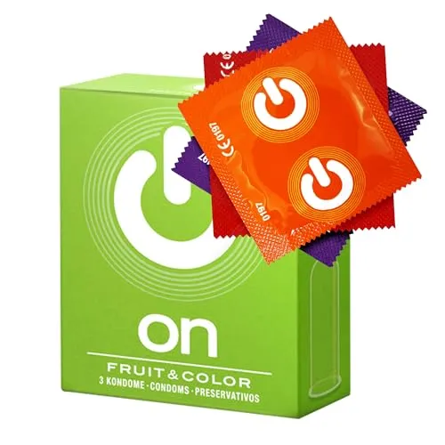 ON) Kondome Mix I 3 Stück Packung I Fruit & Colour Kondome I Premium Kondome 3 verschiedene Sorten I mit Silikon Gleitgel I dünne 0,07 mm Wandstärke I Kondome vegan I Condoms for men