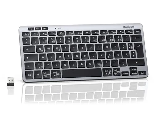 UGREEN Kabellose Bluetooth Tastatur (BT5.3+2.4G) mit Scherenmechanik - Die UGREEN Bluetooth Tastatur verbindet bis zu 3 Geräte gleichzeitig und bietet leises, präzises Tippen dank der Scherenmechanik. Mit einer Batterielebensdauer von bis zu 500 Tagen ideal für unterwegs!