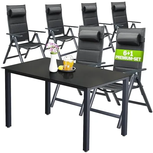 Casaria® Gartenmöbel Set Gartentisch 6 Stühle Klappbar Alu inkl. Kopfkissen Outdoor 8-Fach verstellbare Rückenlehne Wetterfest Terrasse Sitzgruppe Anthrazit 150x90cm