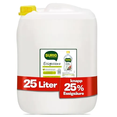 SURIG Essigessenz 25kg mit 25% Essigsäure - 100% pflanzlicher Essig zum Reinigen und Entkalken in Küche und Haushalt - Lebensmittelqualität zum Kochen und Einlegen