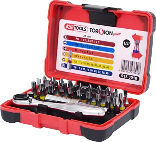 KS Tools 918.3010 1/4" TORSIONpower Bit-Box - 32-teilig mit Schnellwechsel-Bithalter und Stecknussadapter, ideal für präzise Verschraubungen in Handwerk und Industrie