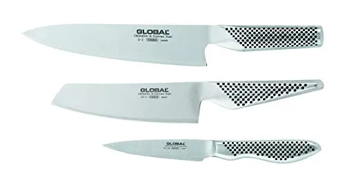 Global GS-2538 Messerset 3-teilig - Messer asiatischer Art, hochwertiges Set aus Molybdän-Vanadium Stahl, ideal für präzises Schneiden und lange Haltbarkeit, Made in Japan.