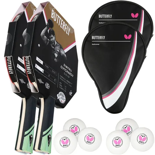 Butterfly 2x Dimitrij Ovtcharov Gold Schläger Set - Komplettschläger-Set für Allround-Spieler, inklusive 2 Schläger, 2 Hüllen und 6 Bällen – ideal für Tischtennis-Enthusiasten.