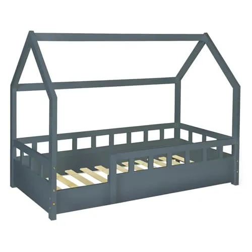 IDMarket Kinderbett Baumhaus NEREE 80 x 160 cm grau - Das charmante Hüttenbett NEREE bietet Ihrem Kind einen besonderen Schlafplatz und ist mit Lattenrost und Gitter ausgestattet – ideal für süße Träume! Perfekt für jedes Kinderzimmer.