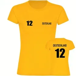 multifanshop T-Shirt Damen Deutschland - Trikot Nummer 12 - Sportliches Design in Gelb - Hochwertiges Damen-T-Shirt aus 100% Baumwolle in Größe L. Ideal für sportliche Anlässe, mit Rundhalsausschnitt und Kurzarm. Zeige deine Begeisterung für Deutschland!