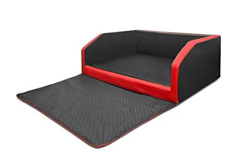 Mayaadi Home Premium Hundebett - 100 x 70 x 38 cm | Hochwertiger Autositz für Deinen Hund | Autohundebett mit Schutzdecke, Kofferraum Bett aus Kunstleder | Travel Duo Schwarz-Dunkelgrau - M