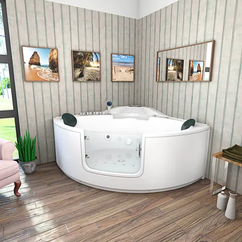 Whirlpool Pool Badewanne W60H-TH 140x140cm mit Tür - Eckwanne für zwei Personen mit leistungsstarken Pumpen, Heizung und 14 Massagedüsen. Genießen Sie entspannende Momente im eigenen Wellnessbereich!