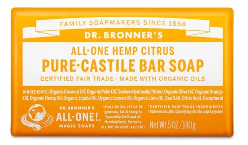 Dr Bronners Blokzeep Citrus-Orange, 140 g - Naturseife mit frischem Zitrusduft, ideal für Gesicht, Körper und Haar. Enthält organische Öle, ist vegan und tierversuchsfrei. Verpackt in 100% recyceltem Material für eine umweltfreundliche Wahl.