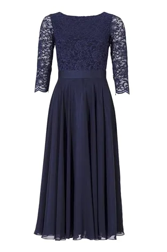 Elegantes Swing Kleid aus Spitze und Chiffon, Marineblau Gr. 46 - Cocktailkleid für Damen mit gestepptem Saum und leicht transparentem Design, ideal für besondere Anlässe.
