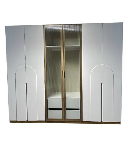 Moderner Grauer Kleiderschrank mit Glastüren - Eleganter Kleiderschrank für Erwachsene, 6-türig mit Glastüren. Bietet viel Stauraum und ist ideal für ein stilvolles Schlafzimmer. Maße: 267 x 62 x 230 cm, mit 2 Jahren Herstellergarantie.