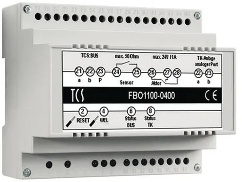 TCS BUS-Interface für TK-Anlagen, bis zu 64 Rufziele - Haus-Alarmanlagen, verbindet Türsprechanlagen mit Telefonanlagen für Gespräche über Festnetz oder Mobiltelefon, einfache Installation auf Hutschiene.
