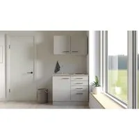 Flex-Well Exclusiv Miniküche Lund 100 cm – Lichtgrau glänzend-Rauchgrau - Praktische Miniküche für Singles und Büros mit flexiblem Aufbau, hochwertiger Bauweise und viel Stauraum. Ideal für kleine Räume, inklusive 2-Platten-Kochfeld und Edelstahl-Spüle.