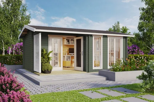 Gartenhaus Blockhaus Satteldach 44 mm Brighton 44 grün - Gartenhaus in grün, 44 mm Wandstärke, inklusive Terrasse und abschließbarer Doppeltür. Ideal für Gartenliebhaber mit 18,5 m² Nutzfläche und 5 Jahre Herstellergarantie.