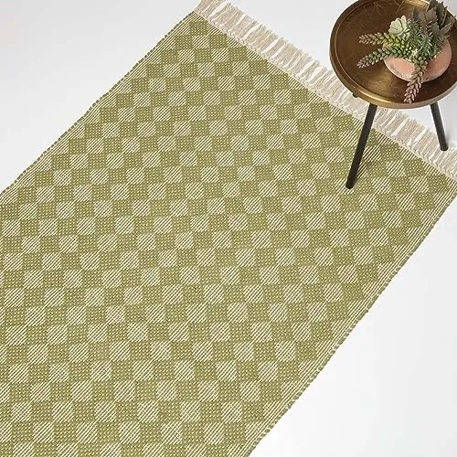 Homescapes Teppich Webteppich Lima 90 x 150 cm – Attraktiver Baumwollteppich mit Rautenmuster in Grün - Kurzflor-Teppich aus 100% Baumwolle mit handgewebtem Rautenmuster, ideal für stark frequentierte Bereiche. Strapazierfähig und pflegeleicht, bringt er einen Farbtupfer in Ihre Einrichtung.