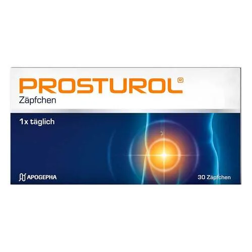 Prosturol Zäpfchen 30 ST - Arzneimittel zur Linderung von Beschwerden bei Prostatitis und Prostatavergrößerung, mit natürlichen Inhaltsstoffen wie Kürbiskernen und Hyaluronsäure für eine beruhigende Wirkung.