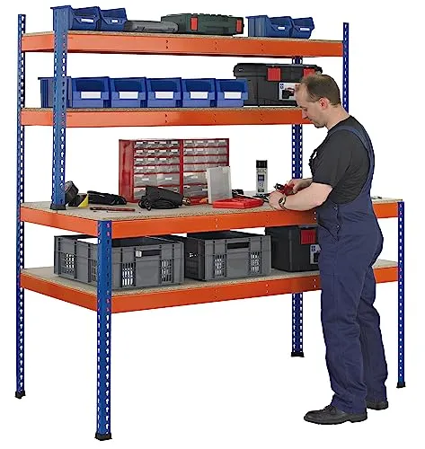 SCHULTE Werkbank blau-orange 153,6 x 77,3 x 198,1 cm - Lagerbehälter & -schränke, robuste Stahlkonstruktion mit großzügiger Arbeitsfläche für optimale Nutzung in Werkstätten.