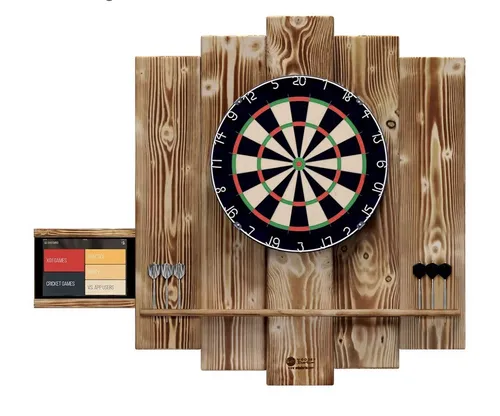 Wooden Dartboard Surround Premium - Wandschutz mit Tablet-Halter, beeindruckender Burned Look und maximaler Schutz für deine Wand