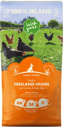 Irish Pure Freiland-Huhn Puppy Trockenfutter - Hundefutter mit 66% Freiland-Huhn, 31% Gemüse & Kelp-Alge, getreidefrei und ideal für empfindliche Welpen. Unterstützt die Verdauung und das Immunsystem.