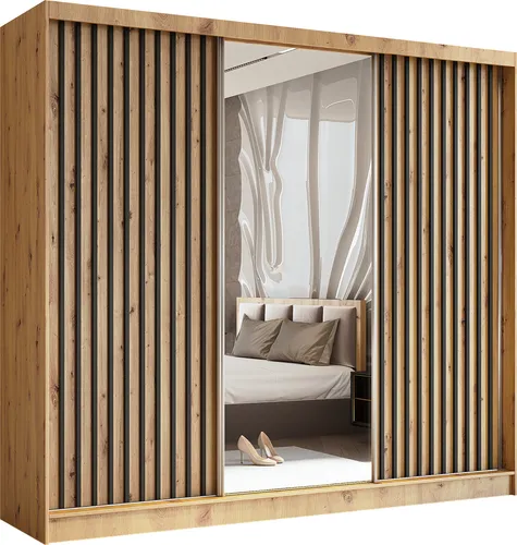 cm Kleiderschrank Erika mit Lamellen und Spiegel inklusive 3 Schiebetüren Schwebetürenschrank Kleiderstange Lieferung bis in die Wohnung (Farbe: Artisan, Artisan, Lamelle schwarz) 240