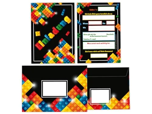 Limonia 12 Einladungskarten incl. 12 Umschläge zum Kindergeburtstag Einladung Geburtstag Jungen Mädchen Unisex Bausteine Bauklötze bunt schwarz