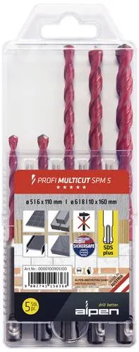 Alpen MultiCut 100905100 Hartmetall Mehrzweckbohrer-Set 5teilig - Zubehör für Elektrowerkzeug: Ideal zum Drehbohren in Fliesen, Mauerwerk und mehr. Mit automatischer Schlag-Stopp Funktion für längere Standzeit.