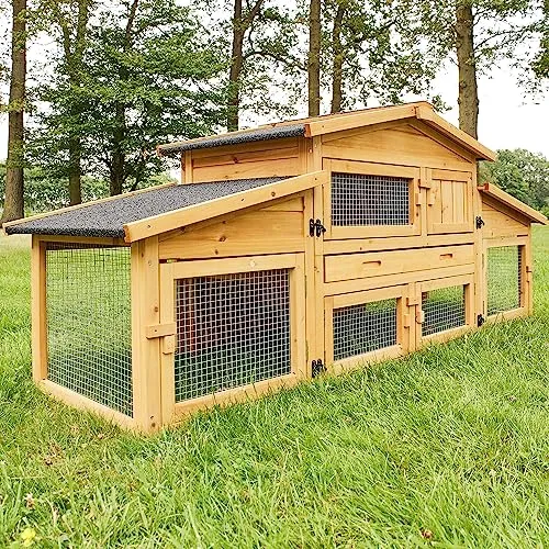 Zooprinz Kleintierstall Dorf Alm mit Doppelauslauf - Outdoor Kleintierstall aus wetterfestem Kiefernholz mit klappbarem Dach für einfachen Zugang und Pflege, ideal für Hasen und andere Kleintiere.