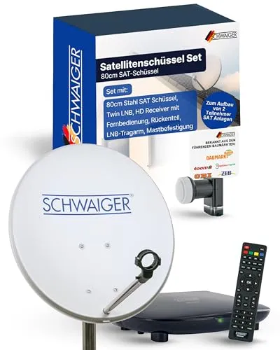 Schwaiger Satellitenschüssel Komplettset Ø 80 cm mit Twin LNB & HD Receiver - Ideal für 2 Teilnehmer: Die robuste Offset-Antenne sorgt für digitalen HD-Empfang ohne zusätzlichen Multischalter. Inklusive HD-SAT-Receiver für sofortigen Fernsehempfang – einfache Montage und individuelle Ausrichtung garantiert.