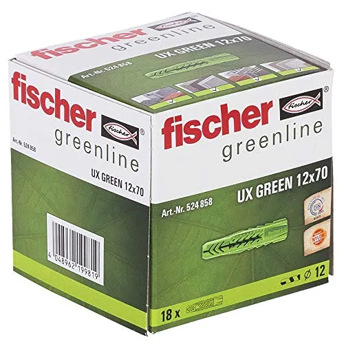 FISCHER Universaldübel UX GREEN 12 x 70, je 18 nachhaltige Dübel, Allzweckdübel aus nachwachsenden Rohstoffen, ohne Rand für optimalen Halt in Beton, Gipskarton, Kalksand-Lochstein uvm.