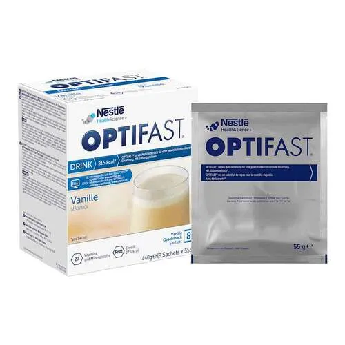 OPTIFAST® Diät Shake Vanille | Eiweißreicher Mahlzeitersatz für eine flexible Ernährung | 8 x 55g - Vielseitiger Mahlzeitersatz mit wertvollen Nährstoffen. Mit nur 216 Kalorien pro Shake ideal für eine ausgewogene Ernährung. Der leckere Vanillegeschmack sorgt für Genuss bei jeder Diät.