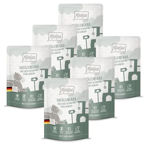 MjAMjAM Premium Nassfutter für Katzen - Quetschie Kalb & Truthahn, 6er Pack - Getreidefreies Katzenfutter mit hohem Fleischanteil, ideal für kleine Portionen oder zum Probieren. Regional und artgerecht hergestellt, perfekt für die Ernährung Ihrer Katze.