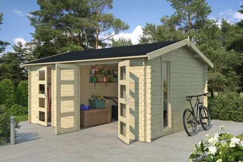 Gartenhaus Blockhaus Holzhaus Schuppen CARROZ 2 - Modernes Gartenhaus mit 2 Räumen, aus naturbelassenem Holz, einfach zu montieren und abschließbar – ideal für Gartenliebhaber und als Stauraum.
