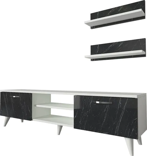 Wohnwand Geacles in Weiß und dunkelgrauer Marmor Optik - Moderne Wohnwand mit 2 Türen und 2 Hängeregalen, bietet großzügigen Stauraum und ist der perfekte Blickfang für Ihr Wohnzimmer.