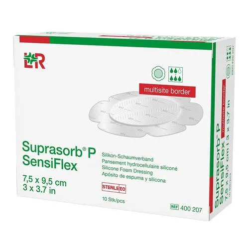 Suprasorb P Sensiflex multisite border 7,5x9,5cm Verband 10 St - Arzneimittel - Hochabsorbierender Wundverband für vielseitige Anwendungen, ideal für die postoperative Wundversorgung.